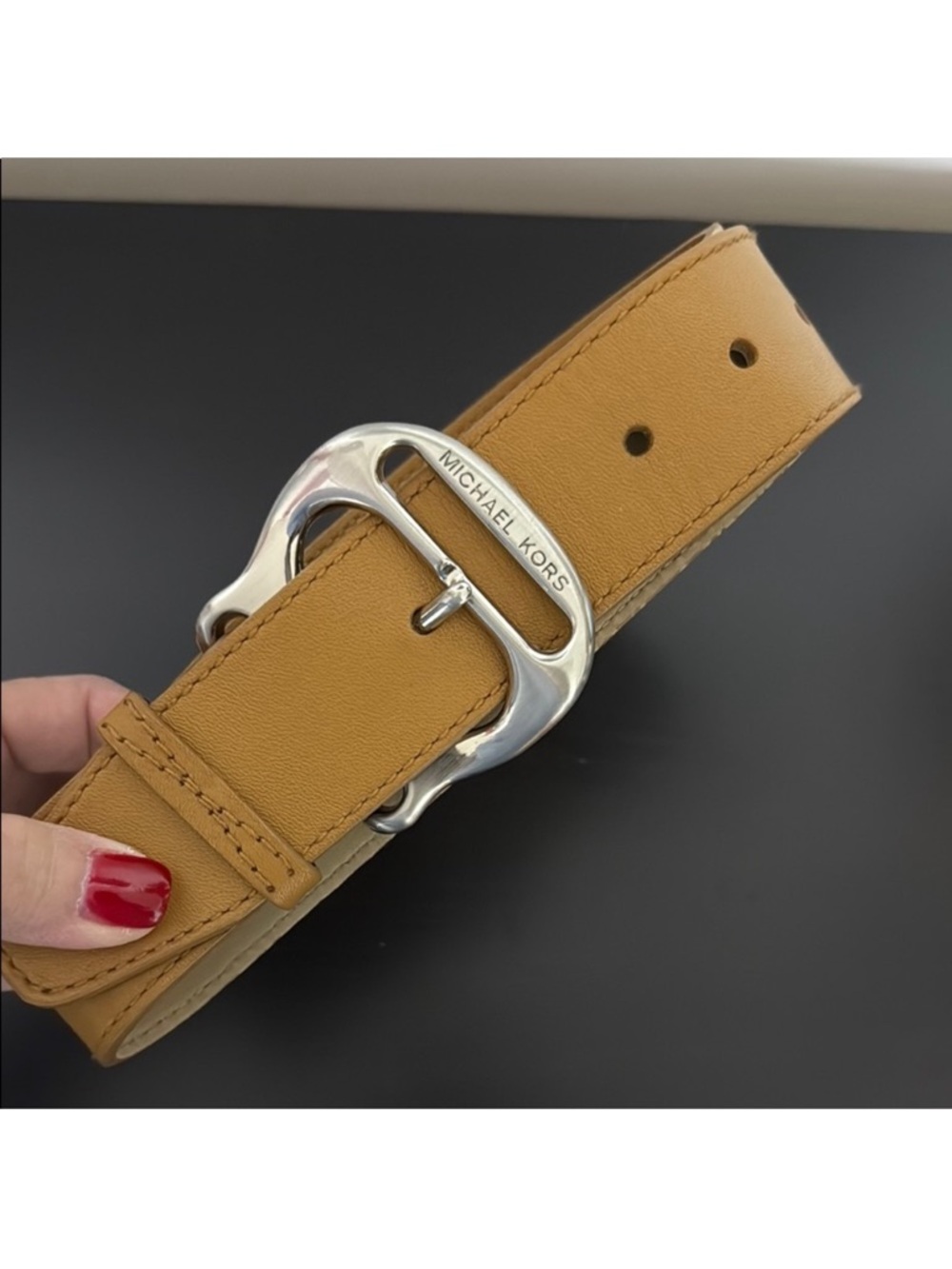 Michael Kors Mustard Leather Belt with Silver-Tone Logo Buckle